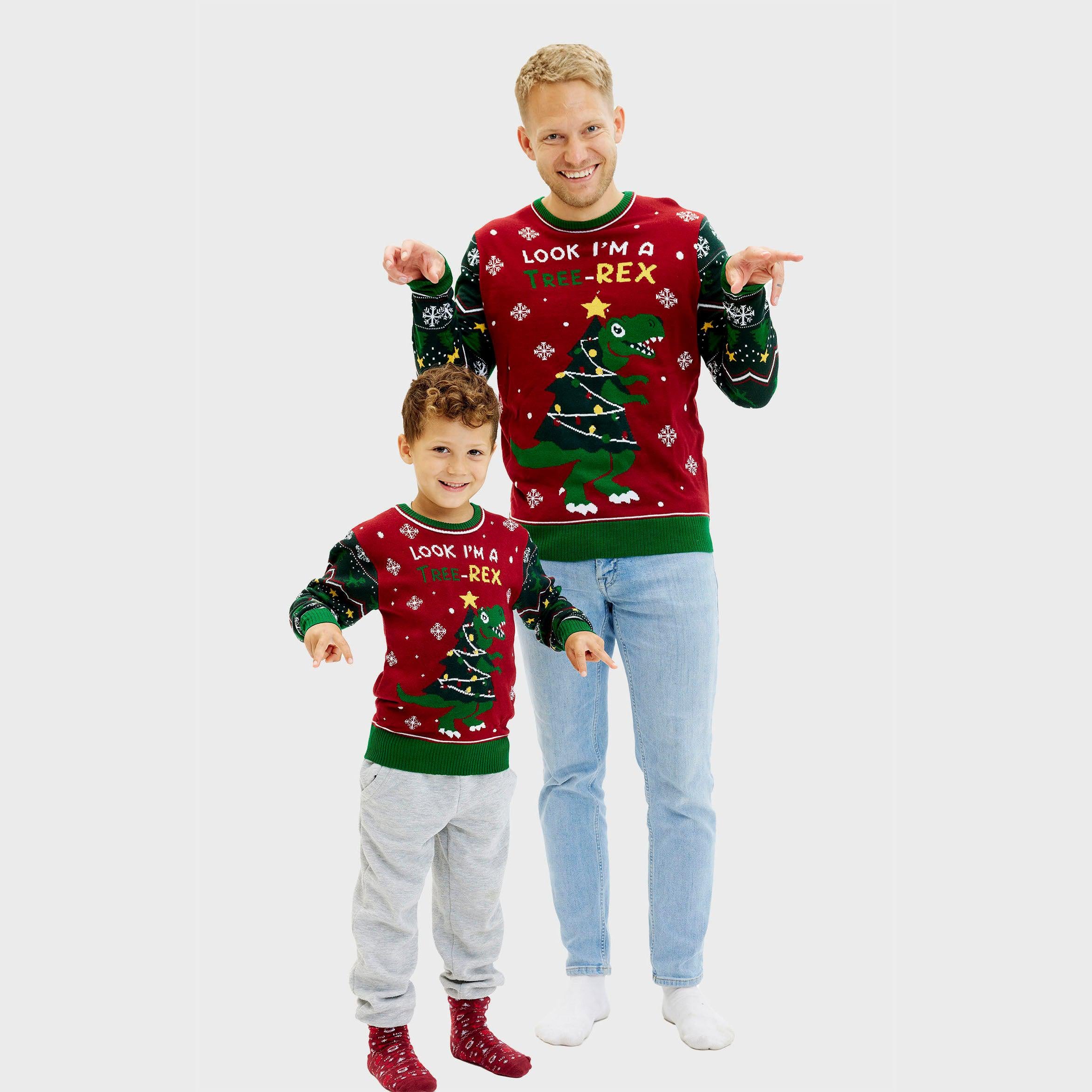 Weihnachtspullover Kinder und Herren mit grün-rotem Dinosaurier-T-Rex-Motiv und Weihnachtsmuster.